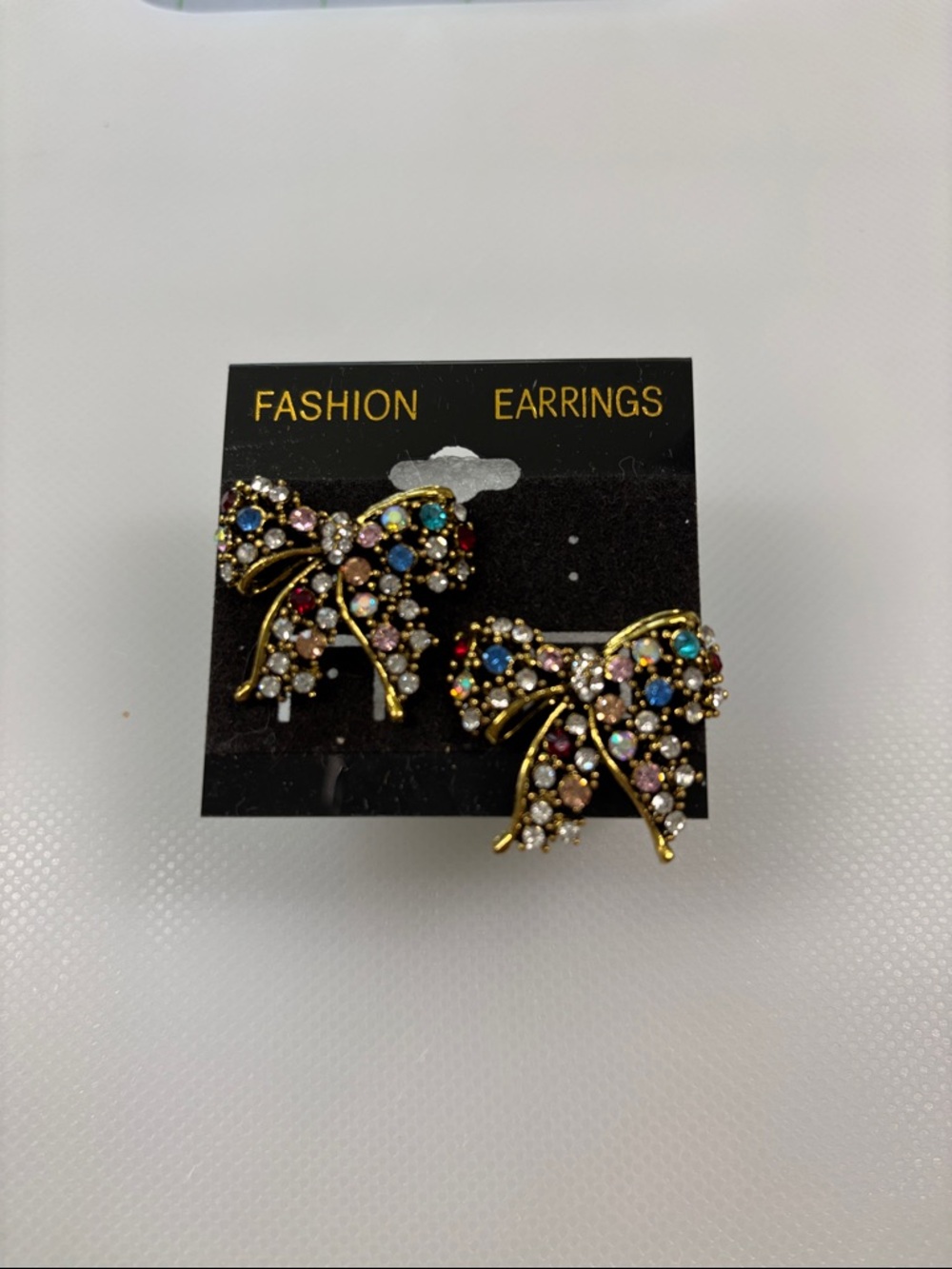 Gold Bow Crystal Stud Earrings - Multicolor Sparkle